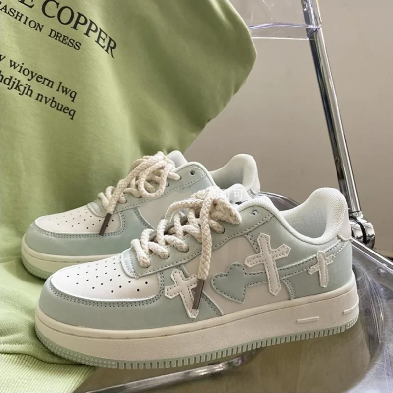 SHANPA Cross Heart Shoes for Women Original Korean Fashion Student Sneakers Ins Trendy All Match Casual Zapatillas Mujer