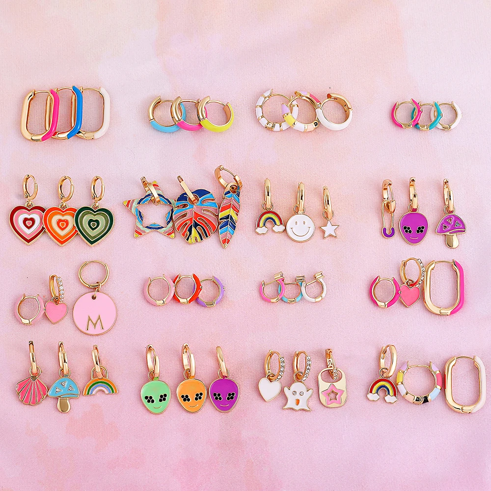 

3pair/set Colorful Hoop Earrings for Women Cute Heart Star Rainbow Geometric Circle Huggie Earring Creative Jewelry Party Gift