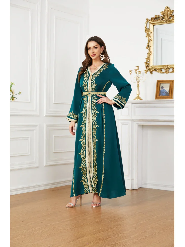 Kaftan for Women Muslin Morocco Caftan 2 Pieces for Wedding Easter Sunday Pentecost Kaftan Dress with Belt Green Ramadan Caftan