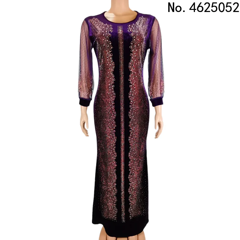 Fashion Sexy Velvet Sequins Robes Chiffon Sleeves Slim Dresses Ladies Muslim Wear Party Office Long Sleeve Maxi Dress