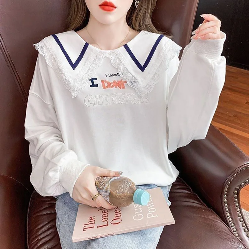 Кружевная футболка с вышивкой милого Питера Пэна женская одежда Новинка осени 2023