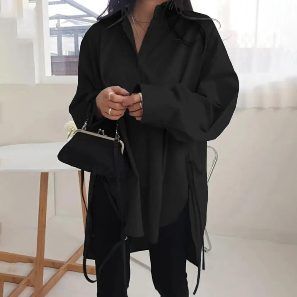 

Женская однотонная офисная блузка на пуговицах, однобортная Длинная блузка на шнуровке для повседневной носки, весна-осень 2021