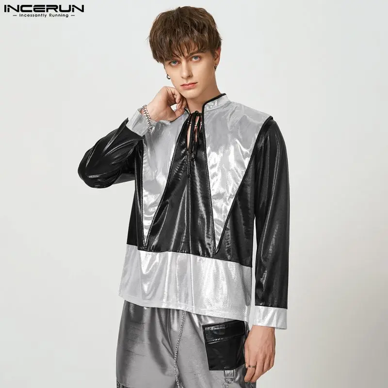 

INCERUN 2023 Fashion Men Shirt Patchwork Shiny Stand Collar Long Sleeve Lace Up Men Clothing Streetwear Party Nightclub Camisa 7