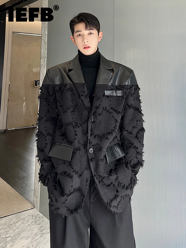 

IEFB Men Suit Coat Korean Fashion Design Jacquard PU Leather Versatile Silhouette 2023 Patchwork Darkwear Male Jacket 9A5684