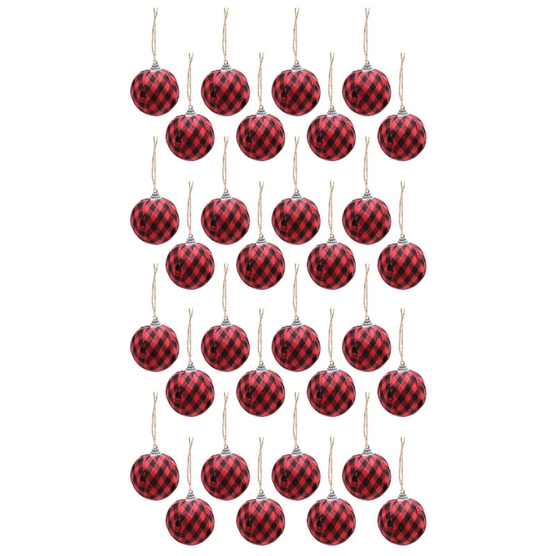 

32Pcs Buffalo Check Fabric Ball Christmas Fabric Wrapped Balls Hanging Ornament For Christmas Tree Party Decoration