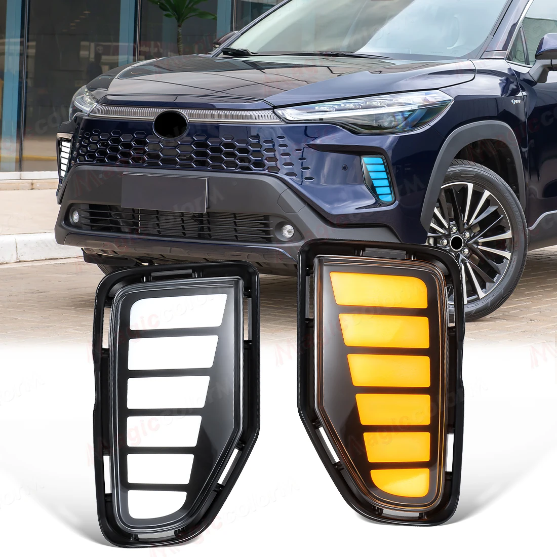 Фото Дневные ходовые огни (ДХО) для Toyota Corolla Cross 2024-2025: светодиодные фары, указатели поворота, противотуманные фары, передние бамперные фары, автоматические дневные огни №1