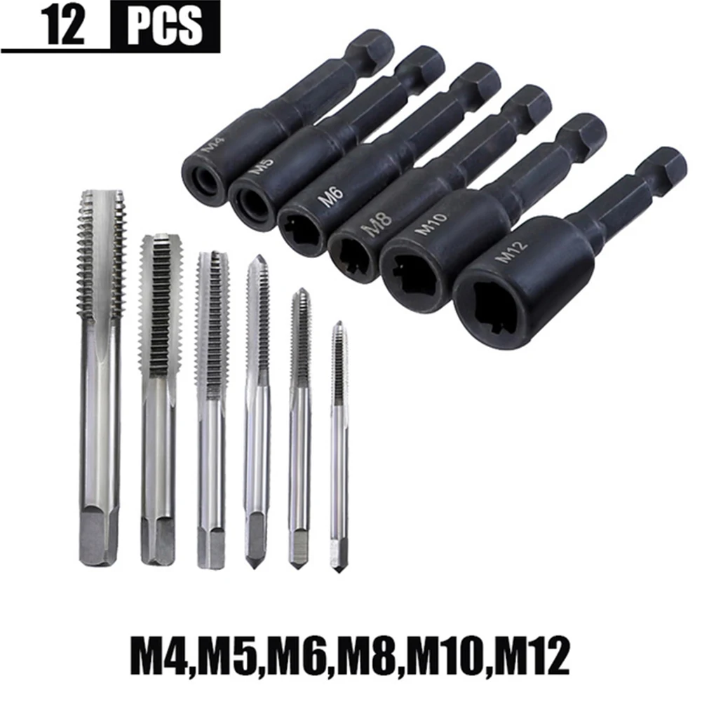 

12Pcs/Set 6.35mm Hex Shank Thread Tap Socket Adapter M4-M12 HSS Straight Fluted Screw Tap For Machine Tapping Threading Tool