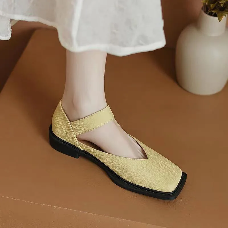 2023 Summer Soft Leather Comfortable Square Toe Shallow Mouth Women's Shoes Low Heel Outdoor Casual Thick Heel Mary Jane Shoes