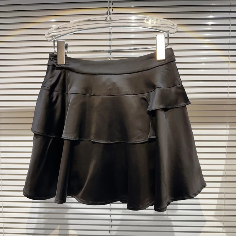 

BORVEMAYS Black Skirts Pleated Mini A-line High Waist Solid Color All-match Acetate Panne Satin 2023 Autumn New WZ3895