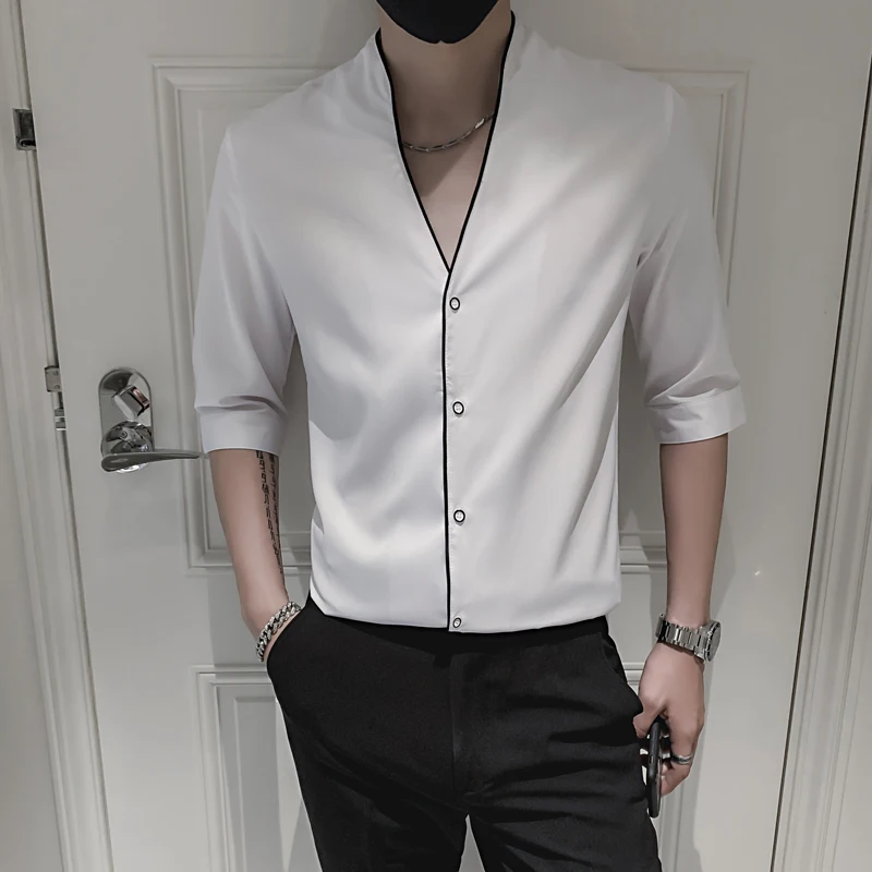 Summer Men's Solid Color Shirt Slim Fit Casual V-neck Shirts Business Formal Dress Half Sleeve Tops High Quality Male Clothing