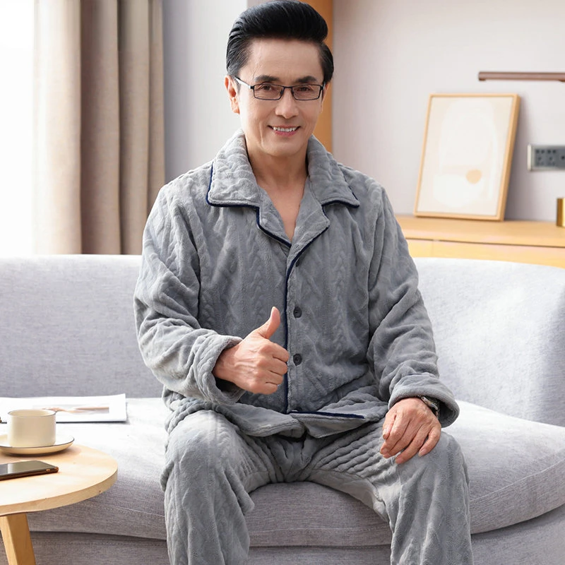 New Autumn Winter Luxury Male's Pajamas Thick Sleep Tops Nightwear Turn-down Collar Loungewear Soft Flannel Men's Sleepwear