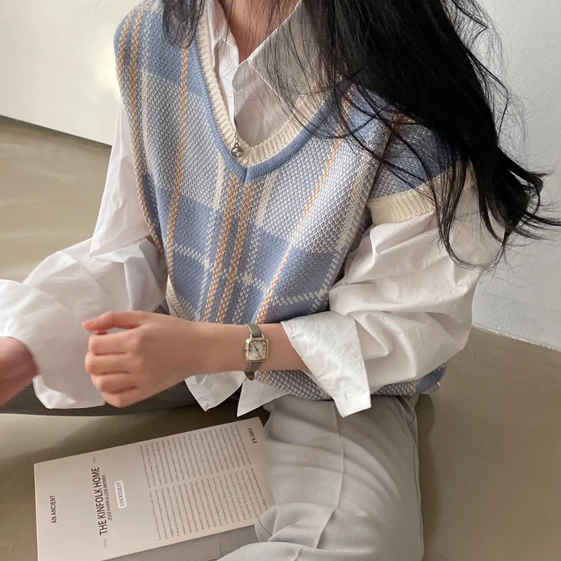 Женский Винтажный Клетчатый Свитер Жилет С V-образным Вырезом Эластичный