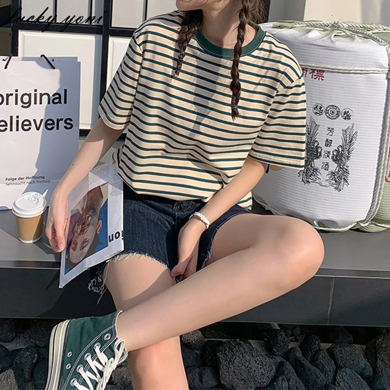 

Футболка Yoni Женская свободного покроя, винтажная тенниска в полоску, повседневная майка с круглым вырезом и коротким рукавом, милая Базовая...