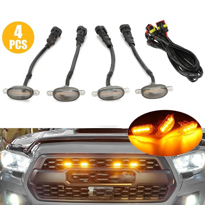

4Pcs Car Light Front Grille LED Signal Light Grill Mount Lamp Running Lights Smoked Universal for Cars Off-road Vehicles 12v