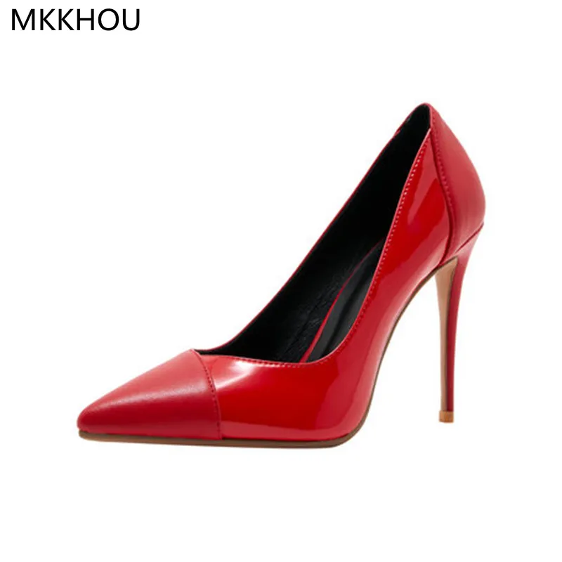 MKKHOU Fashion Pumps New Red High Heels Simple Pointed Toe Stitching Shallow Stiletto 10cm High Heels Commuter All-match Shoes