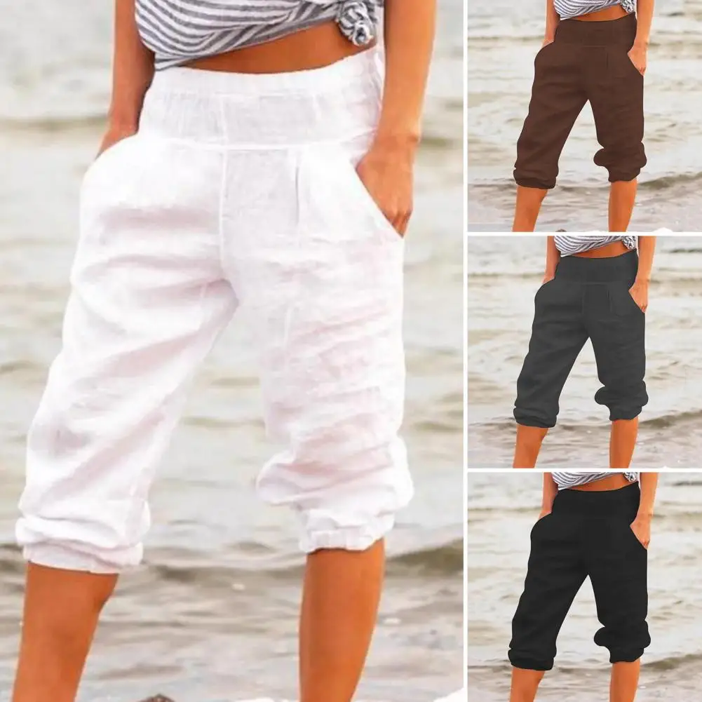 

Mid-Rise Elastic Waist Shrinkable Leg Opening Capri Pants Woman Pockets Mid-calf Sports Leisure Pants Female Clothing