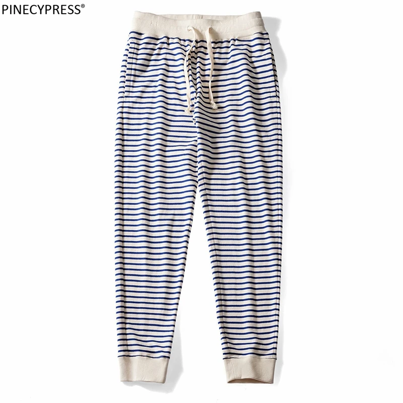 

100% Cotton Anti-static Soft Spring Autumn Male Vintage Legging Trouser Drawstring Striped Men Elastic Waist Loose Casual Pants