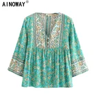 Женская блузка с цветочным принтом, V-образным вырезом и длинным рукавом