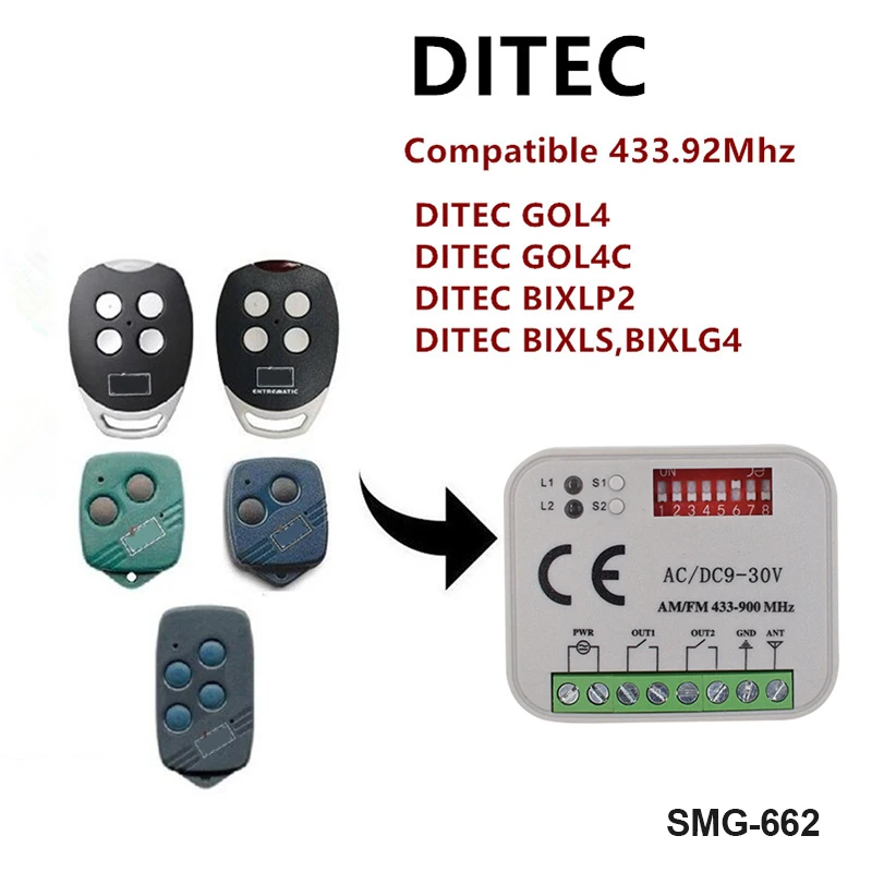 

DITEC BIXLS2 BIXLP2 GOL4 BIXLG4 Garage Door Remote Control Receiver 433MHz Rolling Code & DITEC GOL4C Gate Opener 433.92MHz