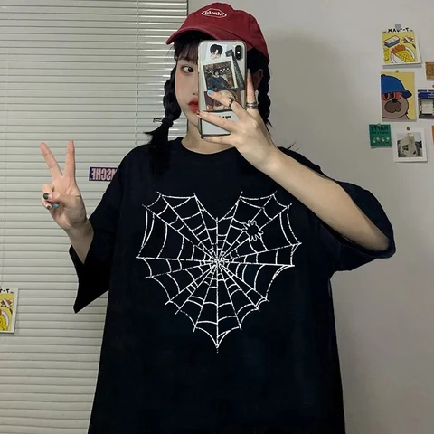Women T-shirt Fun Spider Web Print Short Sleeve TShirt Harajuku Ulzzang Summer Fashion Woman Blouses 2022 Summer Y2k Clothes Top