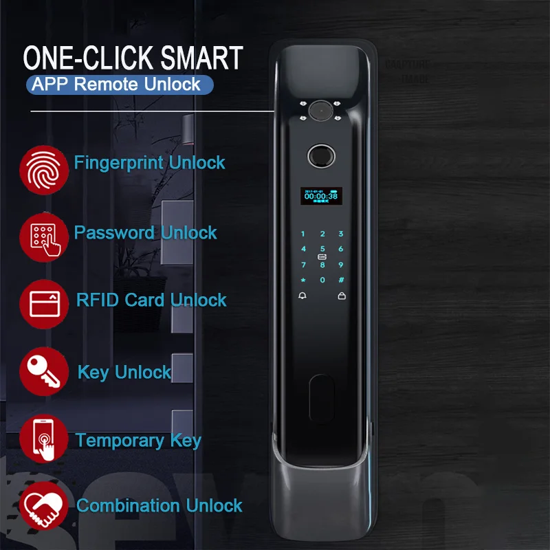 XSDTS New Biometric Fingerprint Lock Security Smart Door Password Electronic Locks Key IC Card Unlock APP Camera