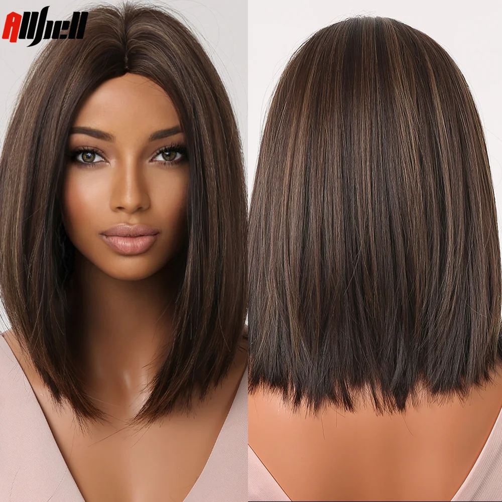 

Короткие коричневые синтетические парики с золотистыми краями, натуральный прямой женский парик Боб, термостойкие волосы средней части для косплея и вечеринки