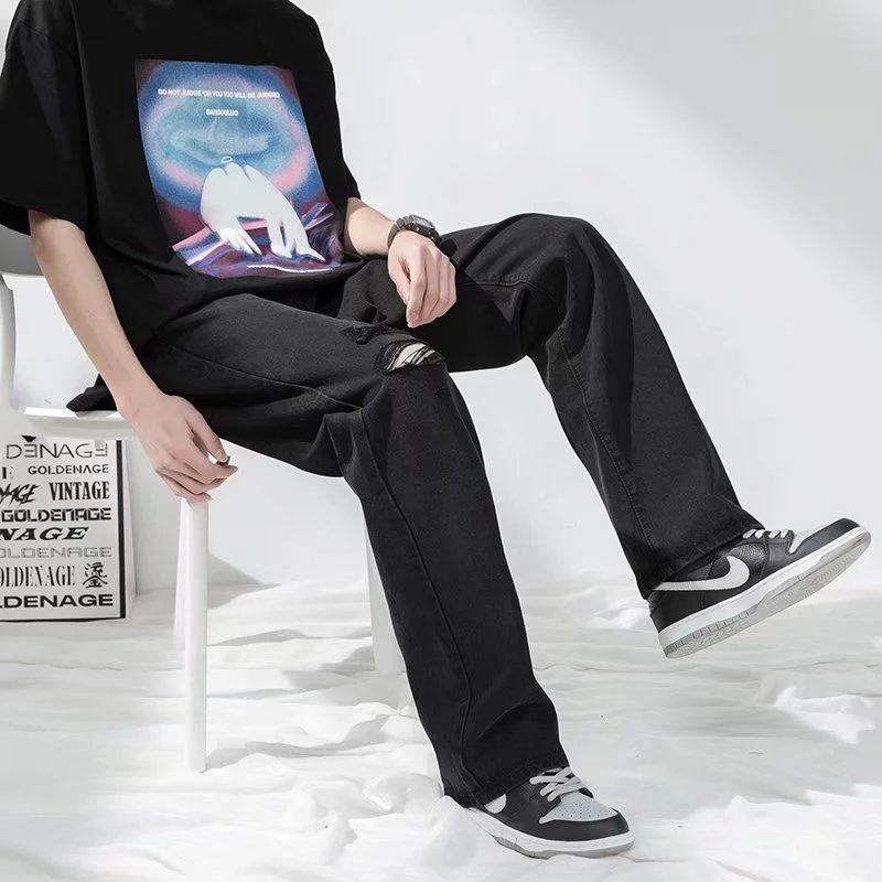2022 Mens Clothing Summer Black Jeans With Holes Korean Fashion New Ins High Street Personalized Handsome Casual Streetwear