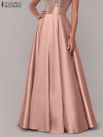 ZANZEA Bohemian Women Satin Silk Long Skirts Cotton Solid Elegant Loose Sundress Femme Elastic Waist Oversized Casual Dresses