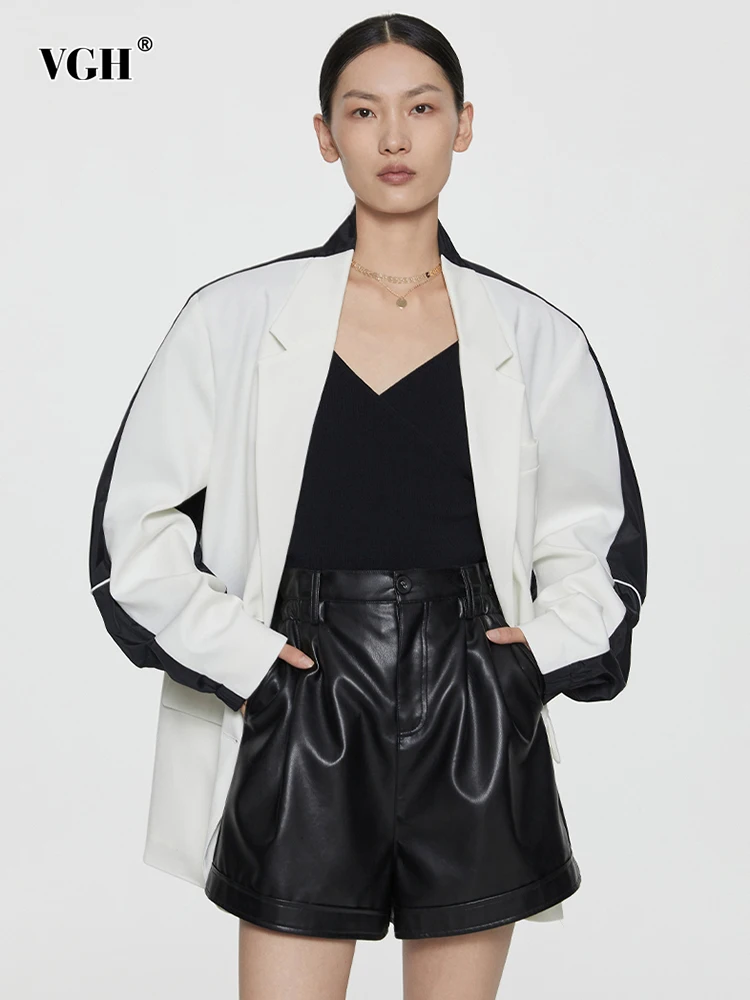 

VGH Hit Color Loose Blazer For Women Notched Collar Long Sleeve Casual Temperament Blazers Women Clothing 2022 Fashion New