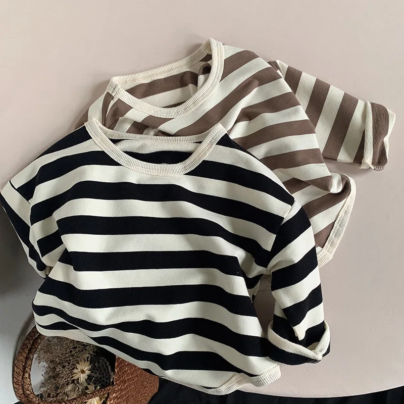 

2023 New Children Casual T Shirt Loose Kids Striped T Shirts Cotton Tee Boys Girls Long Sleeve Pullover Tops Baby Clothes 1-6Yrs