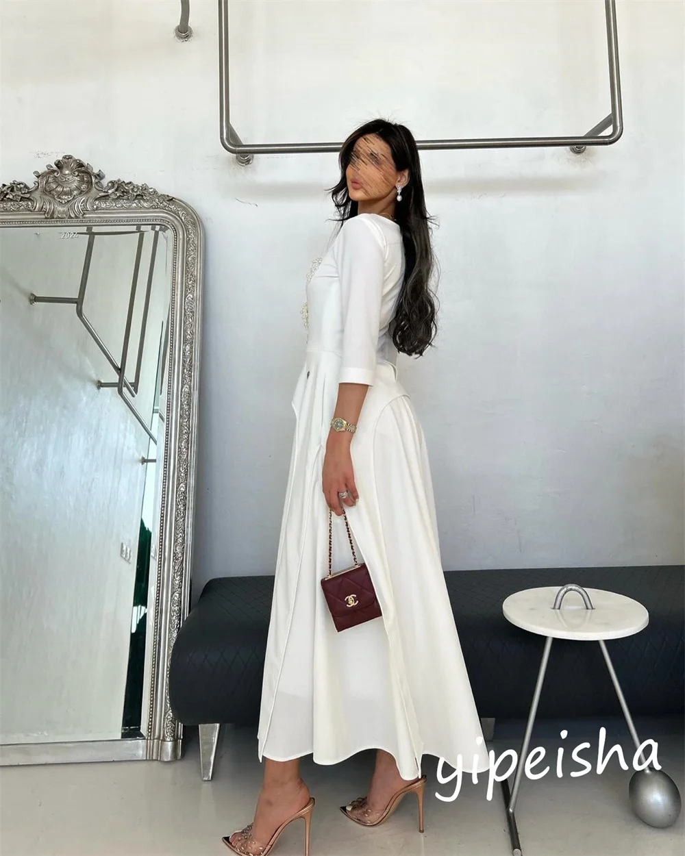 Jiayi Gong шифоновое жемчужное платье знаменитостей трапециевидной формы с вырезом