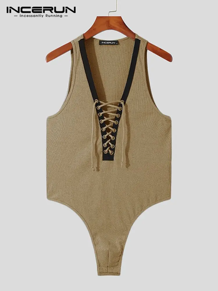 INCERUN Comfortable Homewear New Men's Onesies Cross Fashion Casual Style Male Tie Knit Sleeveless Triangle Bodysuits S-5XL 2021