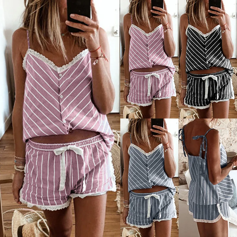 

Donsignet Casual Summer Fashion Print Spaghetti Strap Nightwear Sleeveless Top Shorts Two-piece Homewear Womens Suits