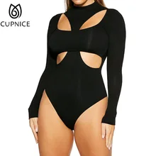 CUPNICE Sexy Hollow Out O-neck Long Sleeve Bottoming Jumpsuit Women Casual Tops Fashion Skinny Solid
