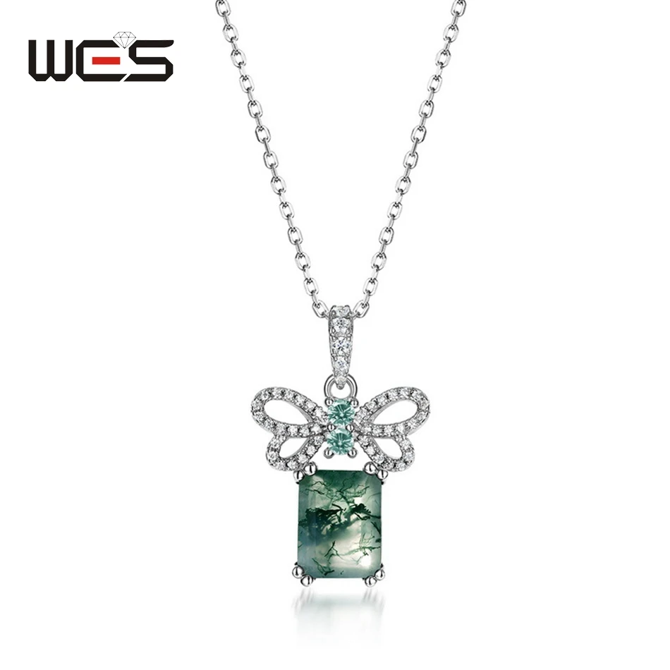

WES 925 Sterling Silver Natural 7*9mm Moss Agate Gemstone Pendant for Woman Wedding Engagement Birthday Gift Fine Jewelry