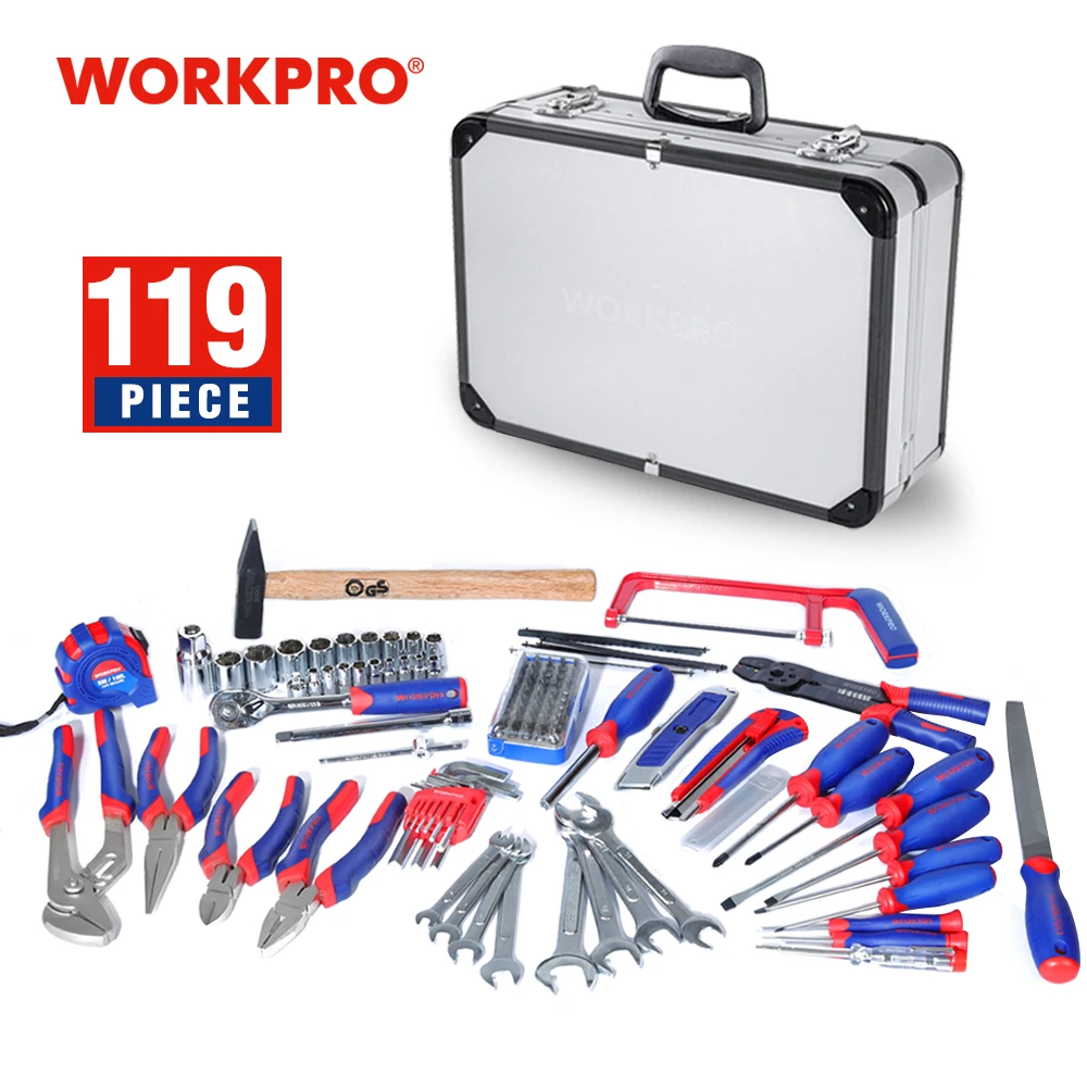 WORKPRO 119PC zestaw domowych narzędzi ręcznych narzędzie wielofunkcyjne z aluminiowa skrzynka narzędziowa narzędzia gospodarstwa domowego zestaw