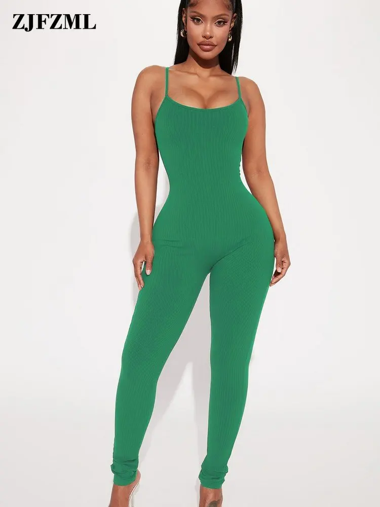 

Spaghetti Strap Elastic Ribbed Slim Fit Jumpsuit Woman Scoop Neck Sleeveless Skinny Romper Streetwear Backless Workout Overalls