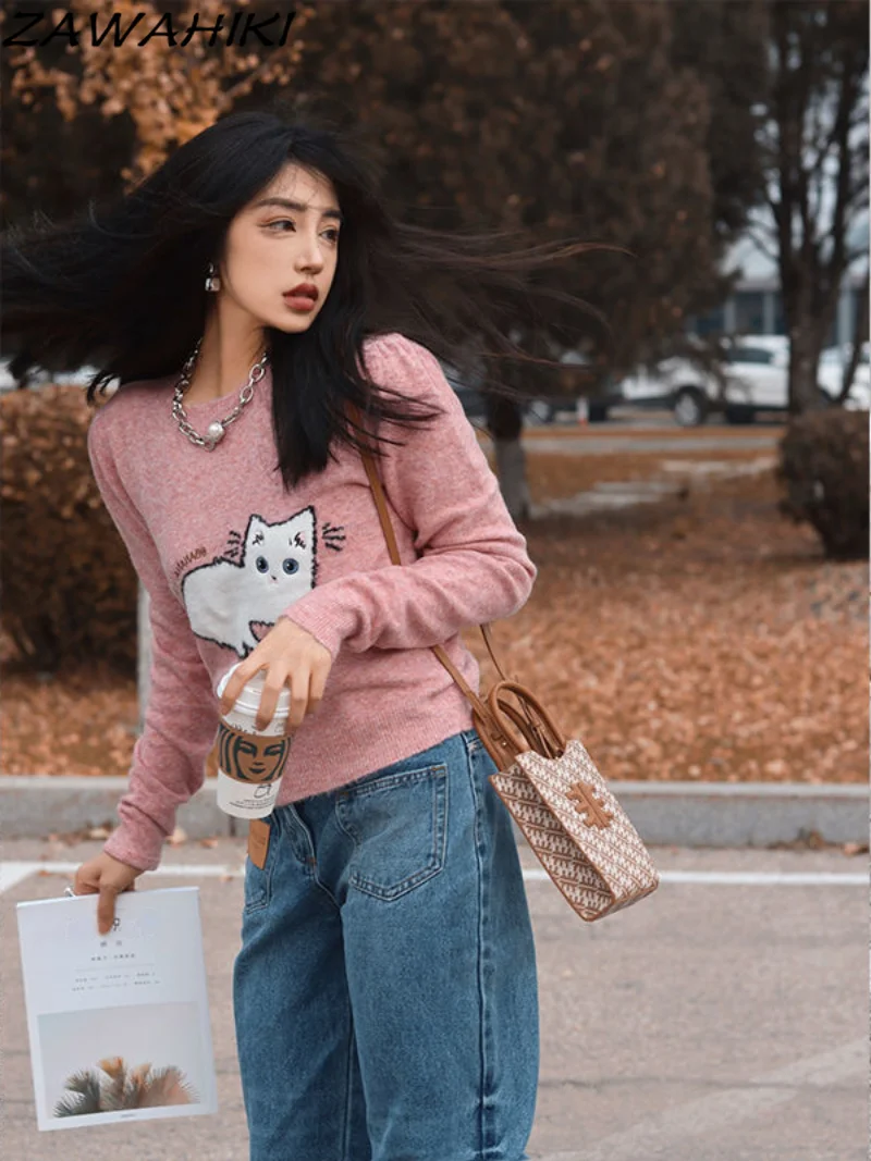 

Kawaii Kitty Embroidery Tshirts O-neck Long Sleeve Pullovers Vintage Hot Pink Casual Streetwear Japanese Harajuku Women Clothes
