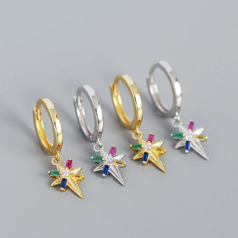 

Trendy Light Luxury 925 Sterling Silver Minimalist Eight-pointed Star Drop Earrings for Women Colorful Zircon High-end Jewelry