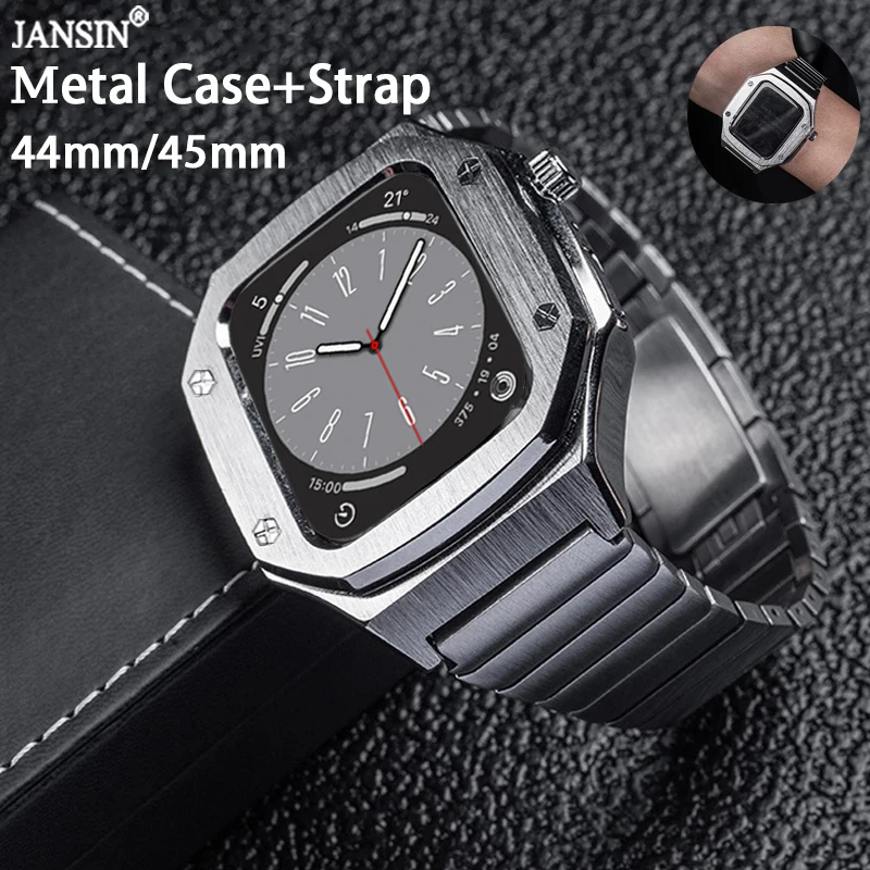 

Ремешок и чехол для Apple Watch Band 44 мм 45 мм, металлический браслет из нержавеющей стали для iWatch 8 7 6 SE