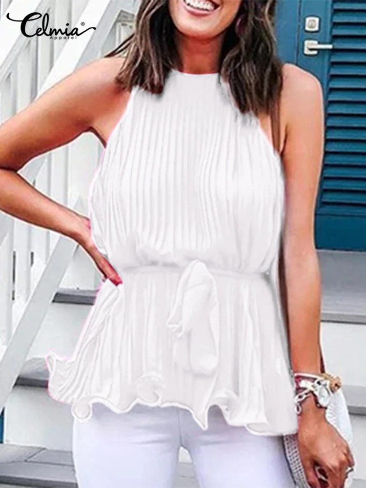 

Celmia Women Elegant Sleeveless Tank Tops Fashion O-neck Pleated Blouses Leisure Solid Bandage Vest Holiday Summer Flare Shirts