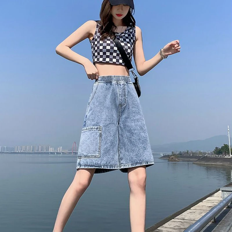 Denim Bermuda Jean Cargo Wide Shorts Womens Summer Blue Y2K Baggy Shorts Jeans Ladies High Waisted Cute Long New Shorts Women