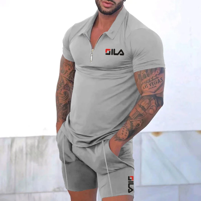 New Men's Trackwear Set Summer Short Sleeve Thin Polo Shirt + Sport Shorts 2 Pieces Men's Solid Set Casual Jogging Sportswear