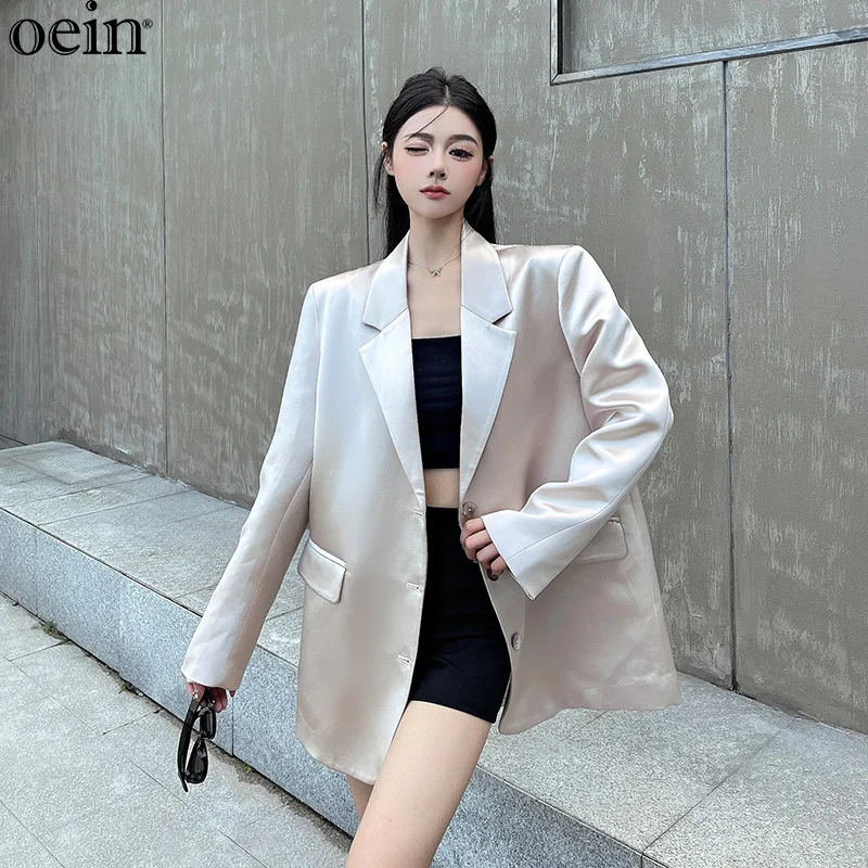 [oein] Осень 2024 для женщин ~ осенний атласный пиджак из ацетата новый