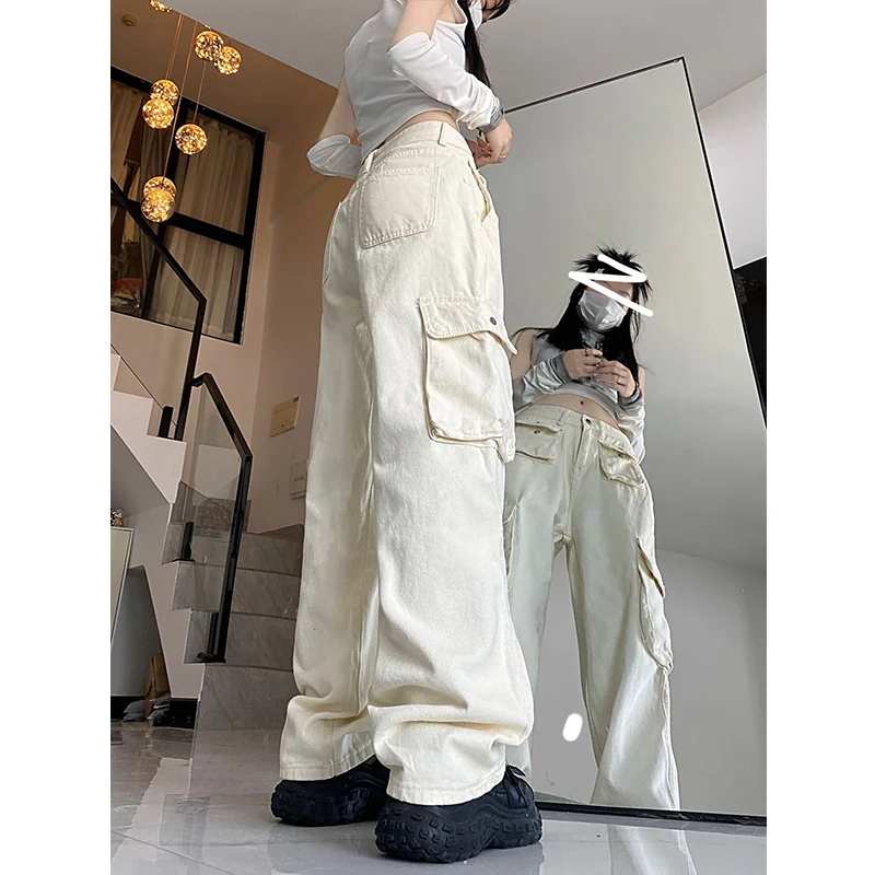 Белые джинсы-карго для женщин свободные прямые брюки с множеством карманов в