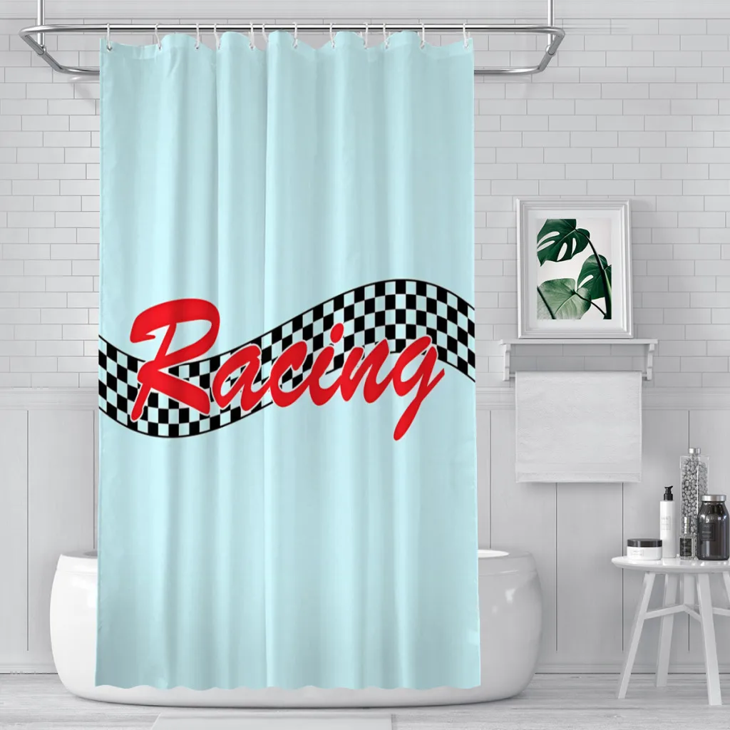 Racing Checked Flag Car Auto Bike Race Shower Curtains  Waterproof Fabric Funny Bathroom Decor with Hooks Home Accessories