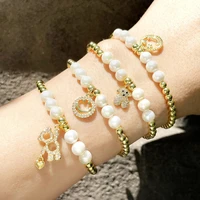 gold plated pearl white cz smiley bear charms bracelets for women luxury elastic rope beaded chain bangle designer jewelry gifts