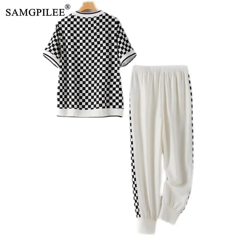 Two Piece Sets Womens Outifits Contrast Plaid Hot Drill O Neck T-shirt Beam Mouth Elastic Waist Women's Pants Set Woman 2 Pieces 5 Two Piece Sets Womens Outifits Contrast Plaid Hot Drill O Neck T-shirt Beam Mouth Elastic Waist Women's Pants Set Woman 2 Pieces 5