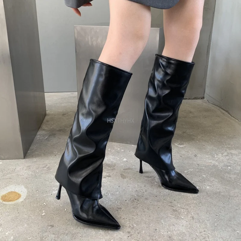 

Fashion Pleated Women Knee High Boots Slip on Pointed Toe Female Casual Outdoor Heel Shoes Sexy Ladies Modern Long Boots