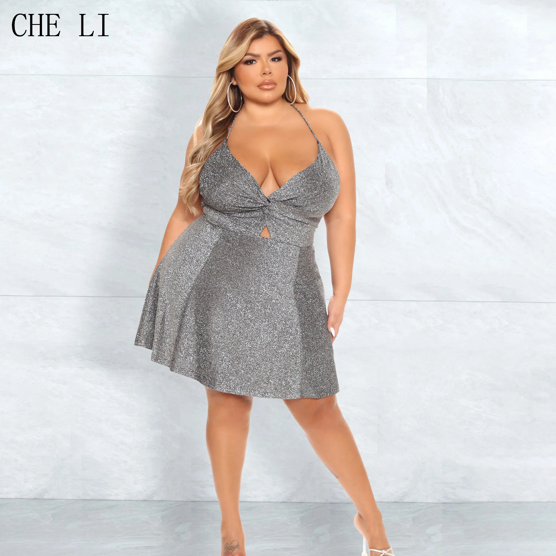 2022 Plus Size Women's Fashion Temperament Sling Dress Lace-up Backless Silver Line Bright Silk Sexy Nightclub Short Skirt Women